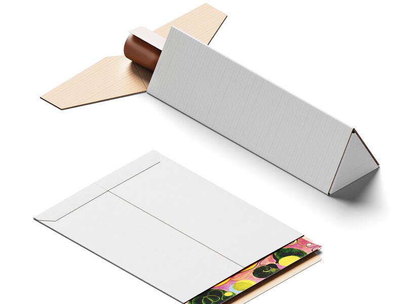 A rigid white mailer and a triangular shipping box with a rolled print